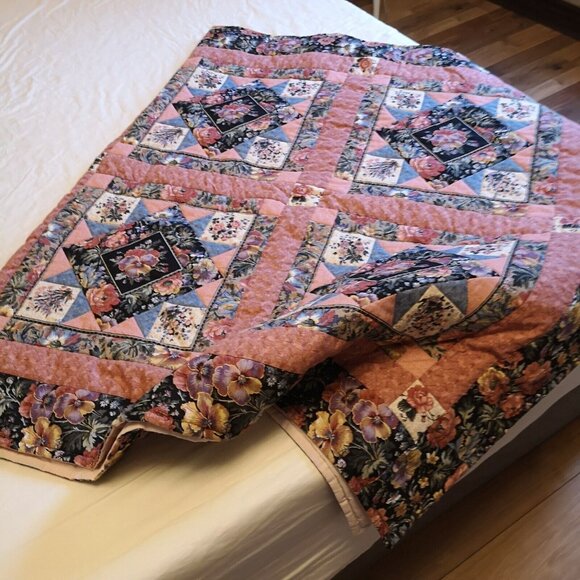 Handmade Lap Quilt Quilted Tablecloths Quilted Couch Throw Pink Poppies Pansies - Picture 5 of 8